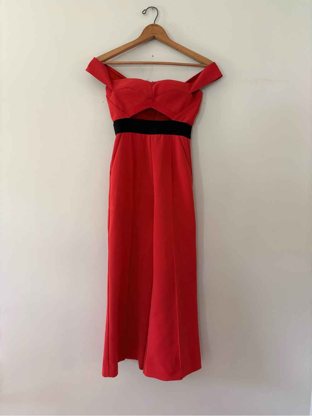 Self-Portrait Red Off The Shoulder Cutout Ponte Wide Leg Jumpsuit Size 2 US 6 UK